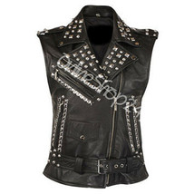 New Women Punk Rock Full Silver Studded Unique Style Vintage Biker Leather Vest - £200.45 GBP