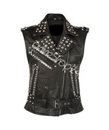 New Women Punk Rock Full Silver Studded Unique Style Vintage Biker Leather Vest - $249.99