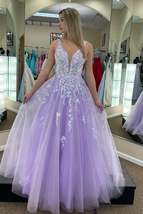 Lilac Tulle A-line V Neck Backless Applique Long Prom Dresses - £117.83 GBP