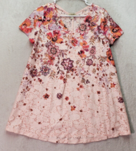 One World Blouse W/Slip Tank Top Women&#39;s S Pink Lace Floral Beaded Lined V Neck - £13.87 GBP