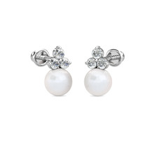 14K White Gold 0.30Ct Diamond &amp; Cultured Freshwater Pearl Ball Stud Earrings - £36.30 GBP