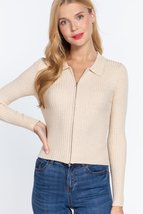 Cream Beige Notched Collar Front Zip Long Sleeve Slim Fit Stretchy Knit ... - $15.00