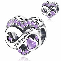 February Amethyst Heart Birthstone Charm Bead 925 Silver Fits European Bracelet - £13.89 GBP