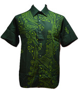 Malaysia Batik Tulis Dark Green Hand Drawn Men&#39;s Formal Shirt Penang Art... - £45.30 GBP