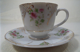 Vintage Ucagco Occupied Japan Demitasse Cup and Saucer Pink Flowers Gold... - $22.99