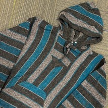 Yarima XL Baja Hoodie Pullover Gray Blue Striped Drug Rug Poncho Mens - $36.99