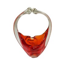 Vintage Red Orange Art Glass Basket 7&quot; Tall Trinket Jewelry Keys Flower ... - $46.72