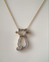 10K Solid Yellow Gold 21&quot; Chain Pendant Full Diamond Chips Cat Necklace Cluster - £104.75 GBP