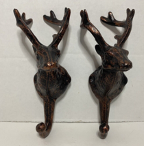 Pair (2) Of Cast Metal Deer Head Hook Wall Hangers Oil Rubbed Bronze Finish - £10.22 GBP