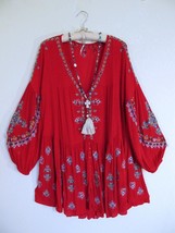 Free People Arianna Embroidered Gauze Tunic L Boho Artsy Top with Embroidery Red - £26.15 GBP