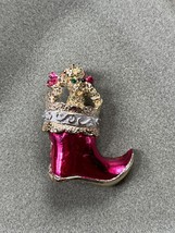 Vintage Metallic Reddish Pink Santa Claus Boot w Goldtone Poodle Dog Pin Brooch  - £9.07 GBP