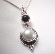 Small Round Black Onyx and Cultured Pearl 925 Sterling Silver Pendant - $8.99