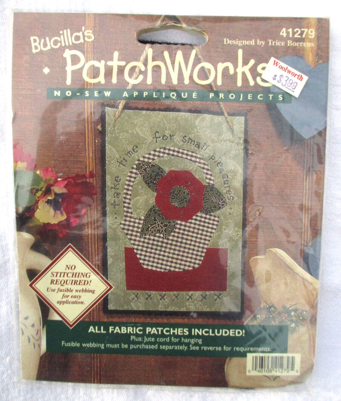 Bucilla PatchWorks No Sew Applique Kit TAKE TIME for SMALL PLEASURES NEW 1990s - $9.49
