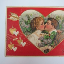 Postcard Valentine Greeting Lady Man Kiss Red Heart Purple Flowers Antique 1909 - £7.85 GBP