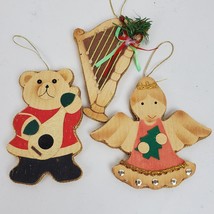 Vintage Christmas Ornaments Bear Angel Harp LOT OF 3 Approximately 4 Inch Wood - $13.10