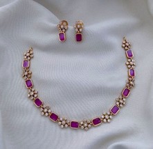Indian Gold Plated Bollywood Style Choker Necklace Ruby Red CZ Jewelry Set - £37.95 GBP