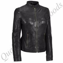 Handmade Female Ladies Woman Sheep Leather Cuir Biker Jacket Style Golden Zip - £101.29 GBP