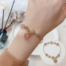 Love Heart Shape Moonstones/Strawberry Crystal Gold Plated Beaded Strand Bracele - £15.80 GBP