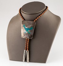 Sterling Silver Bolo Tie with Turquoise Inlay Chicken Emblem and Braided... - $474.20