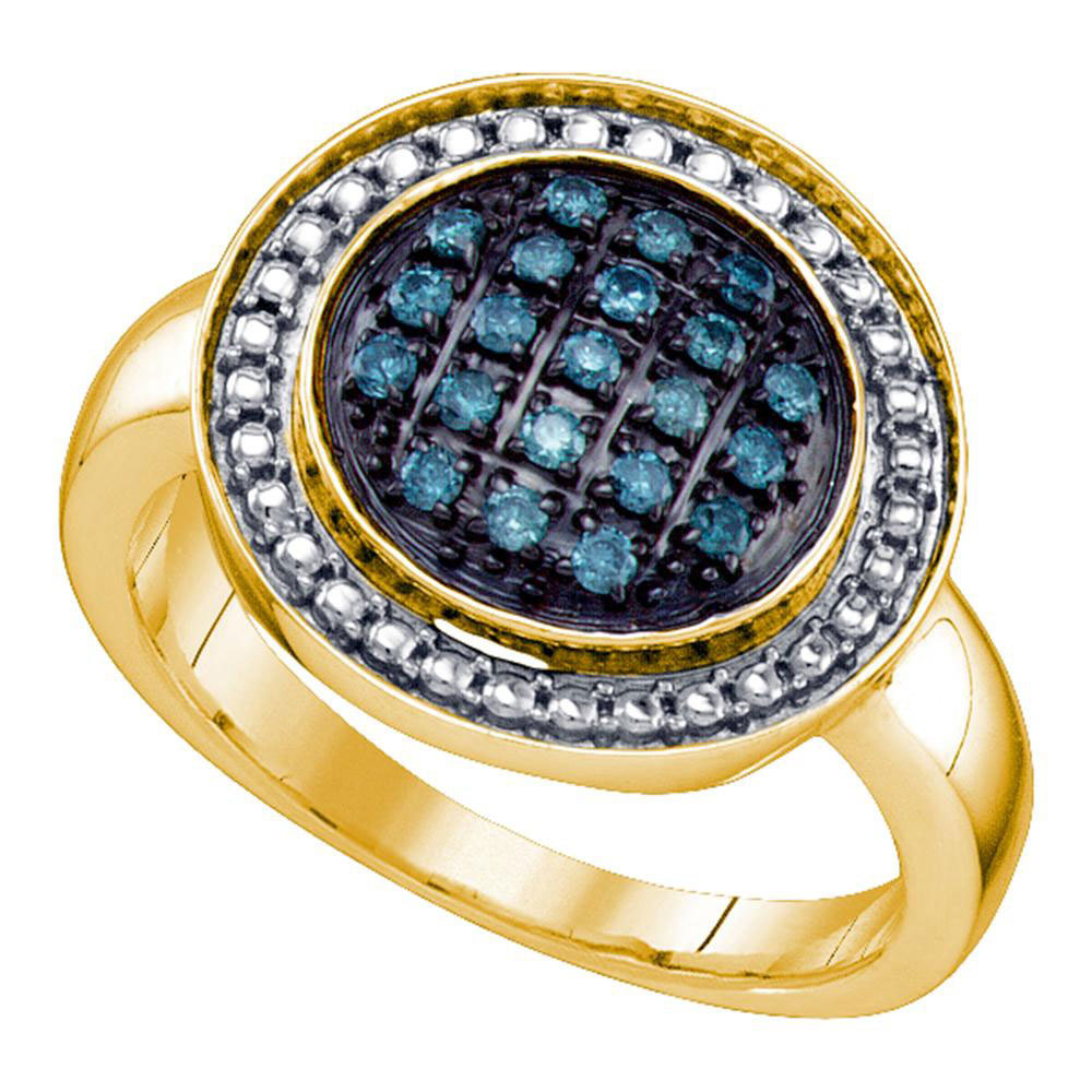 Yellow-tone Sterling Silver Womens Round Blue Diamond Cluster Fashion Ring 1/5