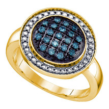 Yellow-tone Sterling Silver Womens Round Blue Diamond Cluster Fashion Ring 1/5 - £78.29 GBP
