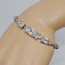 Silver Tone Clear Rhinestone Tennis Bracelet Crystal Statement Bracelet - £19.23 GBP