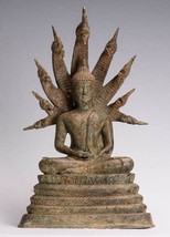 Ancien Thai Style Assis Bronze Naga Méditation Bouddha - - $1,224.49