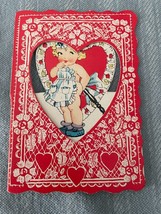 Mini Valentines Day Card Early 1900&#39;s Children Little Girl Cleaning Vint... - £4.52 GBP