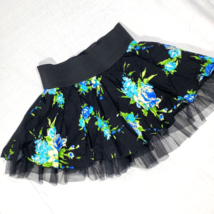 Benbasset Skater Skirt Y2K M Vtg Circle Black Aqua Floral Netting Elastic Waist - £23.83 GBP