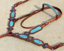 Western Saddle Horse Turquoise Filigree Leather Tack Set Bridle + Breast... - £78.73 GBP