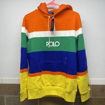 NEW Polo Ralph Lauren Orange Multi Colorblock Logo Fleece Pullover Hoodie Small - £103.77 GBP