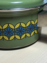 Vintage 70s Enamelware Pot and Lid - MCM Green with Blue & Yellow Flowers image 2