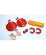 Huge Chunky Bakelite Earrings Carved Pin Heart Hoops 5pc Jewelry Lot - £57.77 GBP