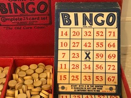 Vintage  1930s Milton Bradley cardboard Bingo Cards wood markers in  Box + more - £29.59 GBP