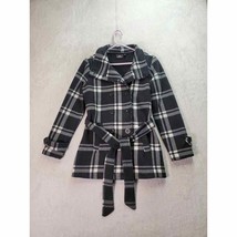 IKE BEHAR Coat Women Small Black White Plaid Collar Double Breasted Button Front - £25.86 GBP