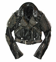 Women&#39;s Genuine Leather Black Full Silver Studded Jacket Studs Spike Brando - £216.61 GBP