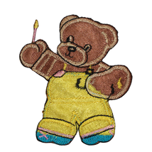 Vintage Large Satin Teddy Painter Bear Yellow Iron On Patch Applique 1970s - $17.81