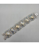 Estate MCM Bracelet Silver Tone Panel Link Blue Gold White Paint Splatte... - €26,14 EUR