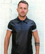 M&quot; Men&#39;s Tight Polo Top Shirt in Black Lambskin Leather Look Short sleeves - $80.26