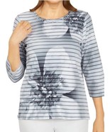 Alfred Dunner Top Womens Gray Petite Medium Classic Stripe Floral Bling ... - $28.51 CAD