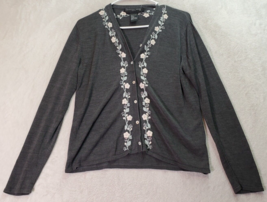 August Silk Cardigan Sweater Womens Large Gray Embroidered Floral Button Front - £10.20 GBP