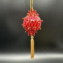 Vtg Sequin Beaded Red Satin Gold Tassel Push Pin Handmade Christmas Ornament MCM - £15.98 GBP