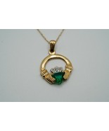Vintage 10k Yellow Gold Claddagh Green Glass Diamond Pendant 28mm Neckla... - $4,704.19 MXN