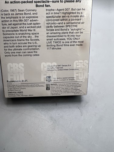 YOU ONLY LIVE TWICE-- James Bond — SEALED VHS WITH CBS/FOX MARK ! Item image 8