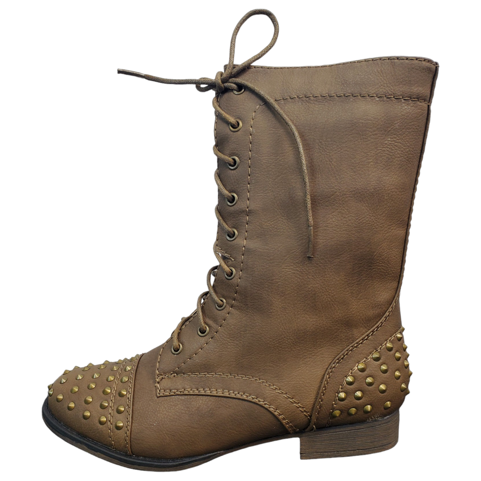 Rouge Combat Cowboy Boots Brown Studded Faux Leather Lace Up Womens Size 8