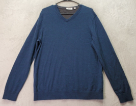 Calvin Klein Sweater Mens Large Blue Extra Fine Merino Wool Long Sleeve V Neck - £22.14 GBP