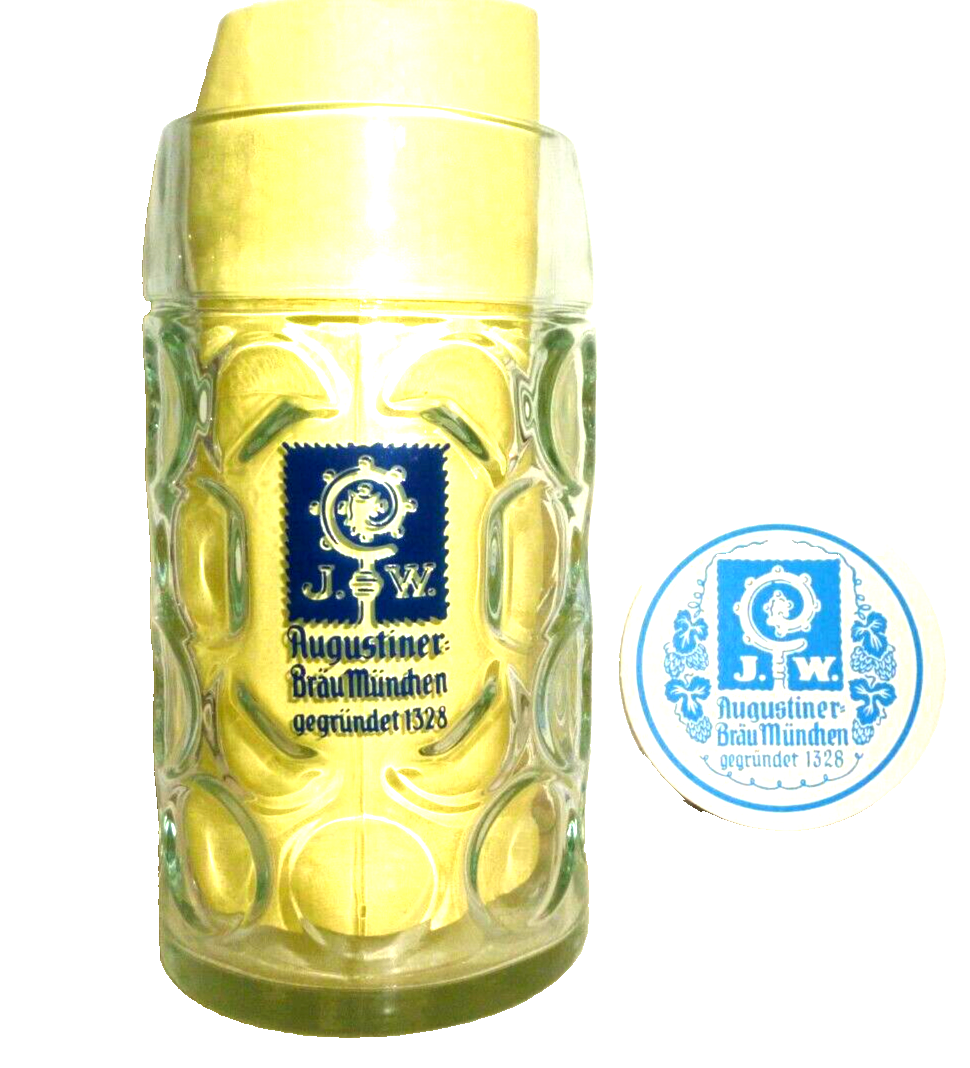 Augustiner Brau Munich 1L Masskrug German Beer Glass && Coaster
