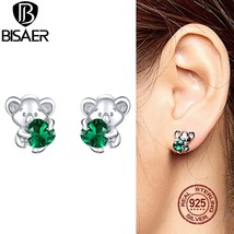 BISAER Cute Koala Stud Earrings Real 925 Sterling Silver Green Zircon Animal Sma - £14.89 GBP