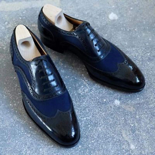 NEW Handmade Men's Navy Blue Black Shoes, Men's Leather Suede Lace Up Wing Tip S