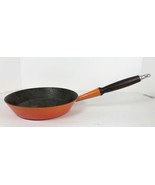 Vtg Le Creuset 24 Enamel Cast Iron Skillet Frying Pan Orange 9.5&quot;  Wood ... - £46.68 GBP